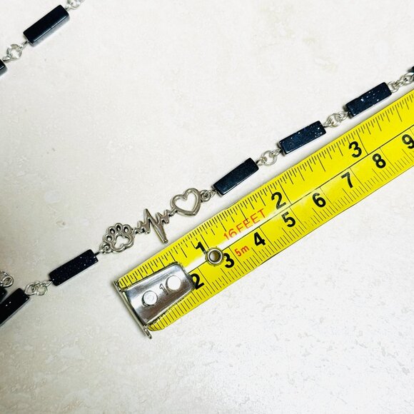 Dark Blue Goldstone Short Necklace w/ Silver Paw Print Heart Beat Charm - Picture 12 of 14